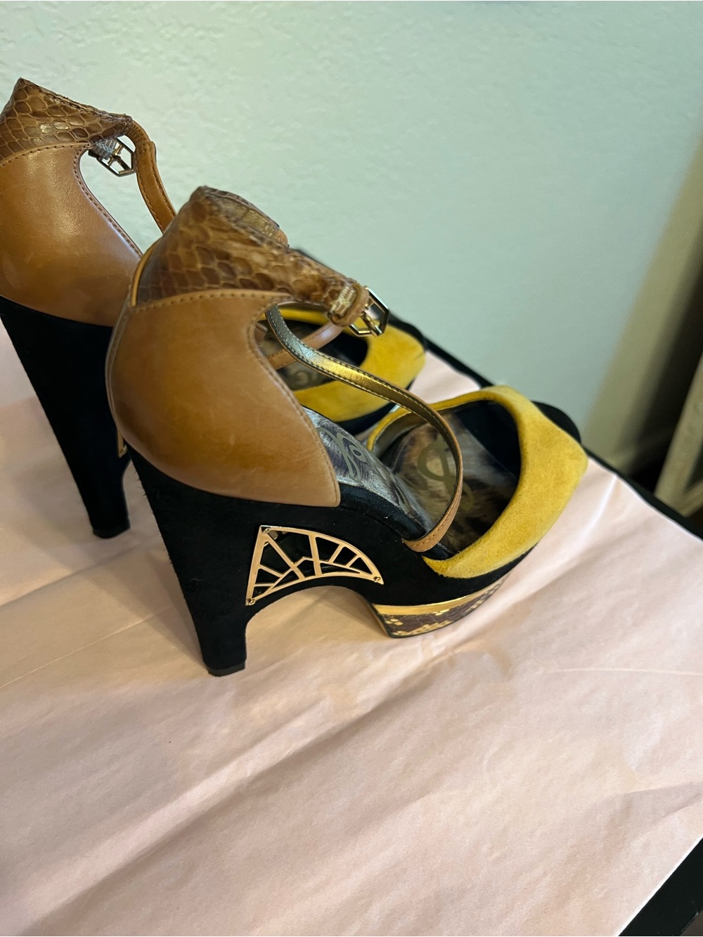 Sam Edelman Yellow Suede, Black Suede & Brown Leather Platform Heels - Picture 6 of 7
